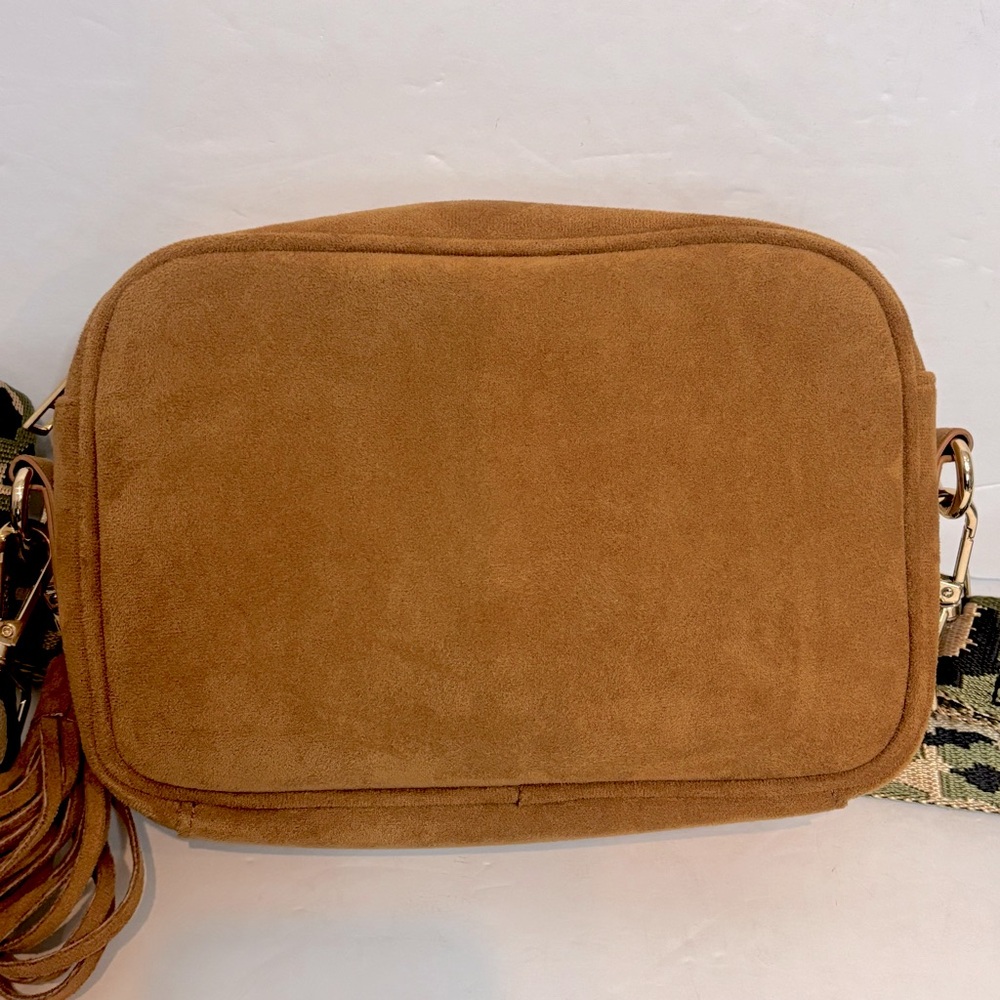 Ah-dorned Tan Faux Suede Leather Zip Top Crossbody Leopard Guitar Strap Bag - Picture 6 of 10